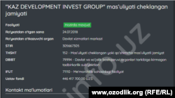 Davlat reyestridan olingan hujjatga ko‘ra, "KAZ DEVELOPMENT INVEST GROUP" MChJ 2018-yilda tashkil etilgan. Manzili Xiva shahrida .