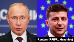 Rossiya prezidenti Vladimir Putin (chapda) va Ukraina prezidenti Volodimir Zelenskiy