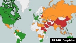 Freedom House тузган харитада Интернет эркин бўлмаган давлатлар қизил ранг билан белгиланган. 