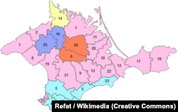 Национальные районы Крыма в 1930-е годы: 3, 4, 5, 15, 23, 26 – крымскотатарские; 6, 24 – немецкие, 16, 25 – еврейские, 14 – украинский